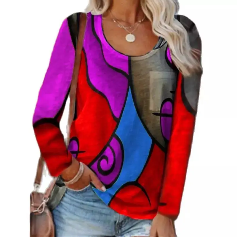 

New Women Tees Autumn Color Matching O-Neck Ladies Casual Tops Fashion Loose Geometry Printing Long-Sleeve Female T-Shirt