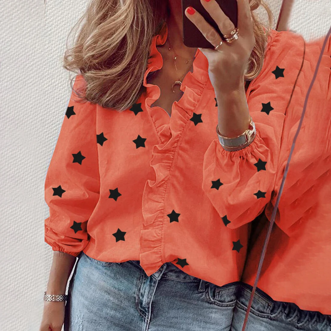 

Женская блузка с рюшами Littlerossa, Весенняя блузка с принтом в виде звезд, топ для отдыха, сексуальная блуза с v-образным вырезом и длинным рукав...