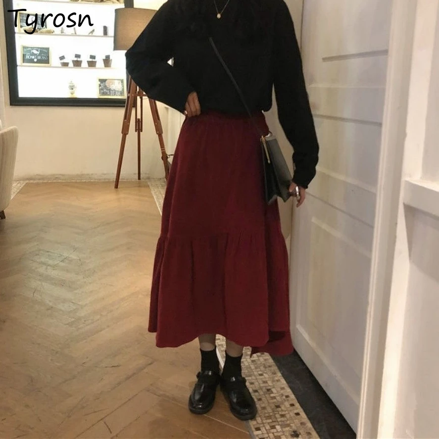 

Corduroy Skirts Women Design Side-slit Solid Burgundy Asymmetrical Trumpet Retro Midi Skirt Sexy Elegant Femme Chic Korean Style