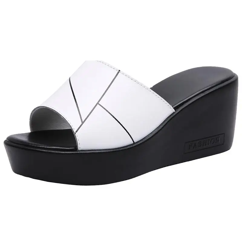 

House Slippers Platform Shoes Slides Women Heels Pantofle On A Wedge Genuine Leather Soft High 2021 Flat Casual PU Bonded Leisur