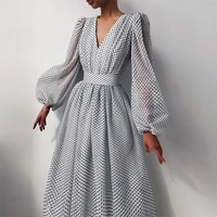 sashes transparent sexy polka dot dress chiffon women deep v neck vintage mesh organza elegant summer female casual long clothes