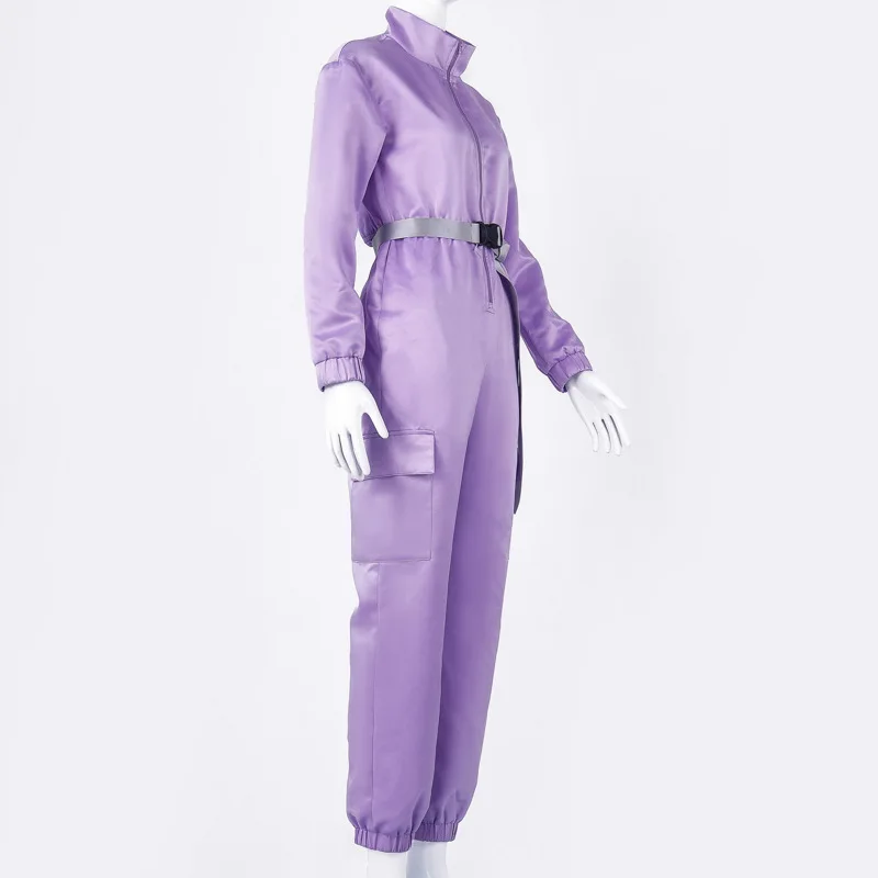 

European and American fashion in autumn and winter 2020 women's new zipper half stand collar top belt big pocket Jumpsuit