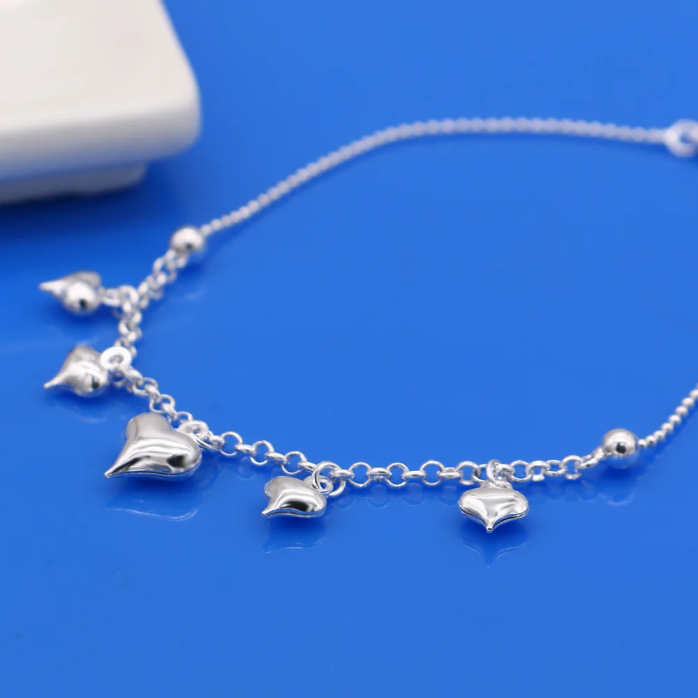 Женский браслет на лодыжку из серебра 925 пробы с подвеской в виде сердца цепочка