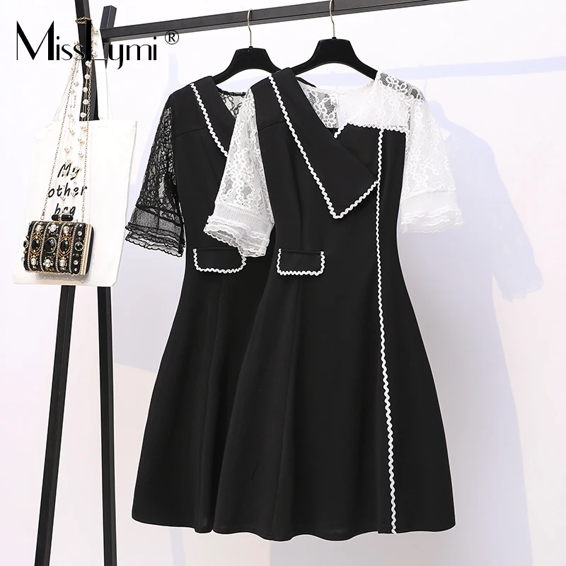 

MissLymi L-5XL Plus Size Elegant Dress Women Summer 2021 France Fashion V-Neck Lace Patchwork Flare Sleeve Loose Dress Black