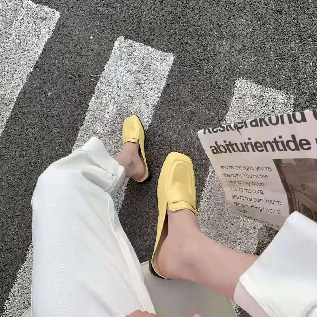 

2021 Spring and Summer Square Toe Mules Shoes Retro British Stone Pattern Leather Shoes Slip-on