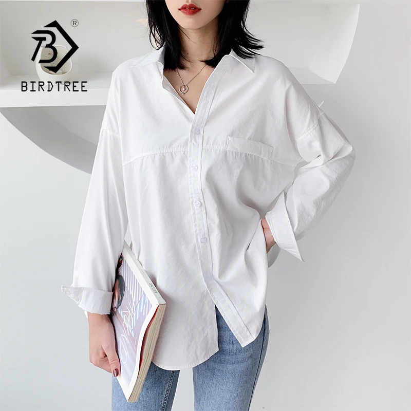 New Arrival Women Solid White Blouse Batwing  Long Sleeve Fake Pockets Oversize Shirt Turn-Down Collar Casual Top T98605F