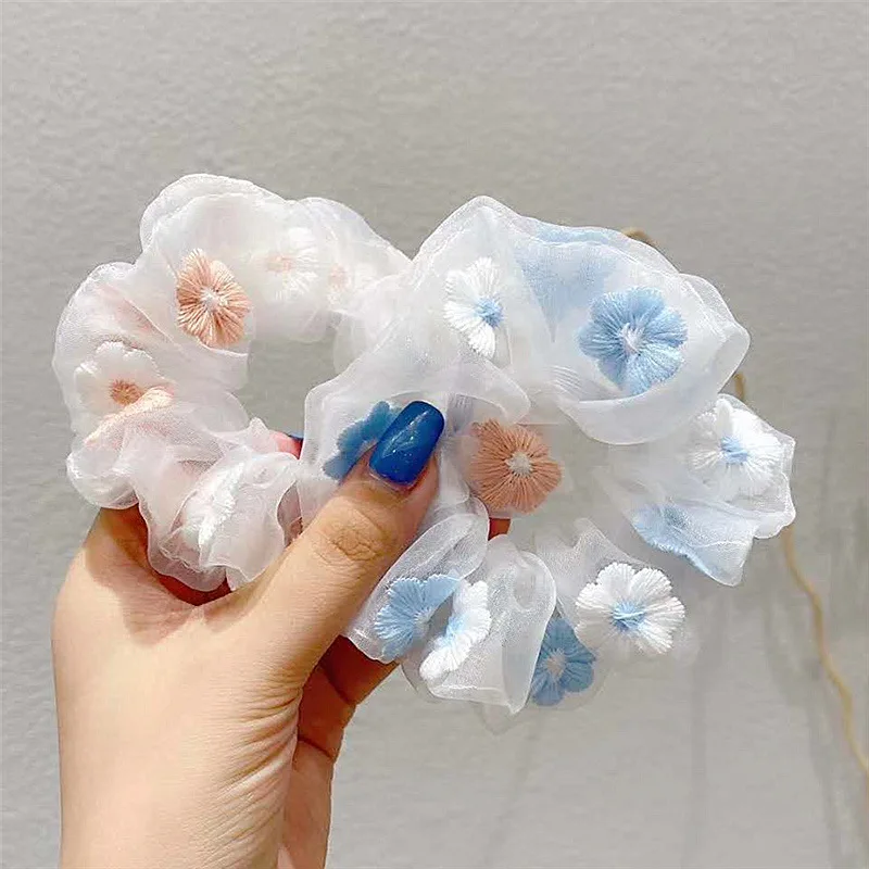 

Sweet Embroidery Flowers Mesh Scrunchies Women Romantic Pink Blue Hair Rope Transparent Tulle Organza Hair Ties Hair Accessories
