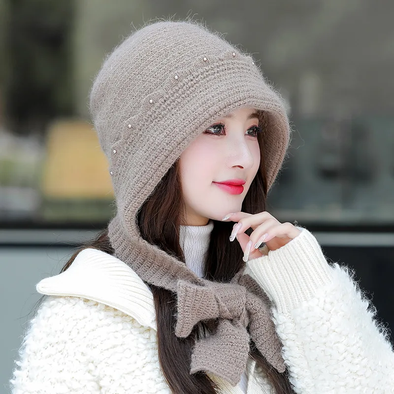 

Winter Skullies Women Beanies Rabbit Hair Knitting Hat Splicing Scarf Female Pearl Plus Velvet Keep Warm Outdoor Caps