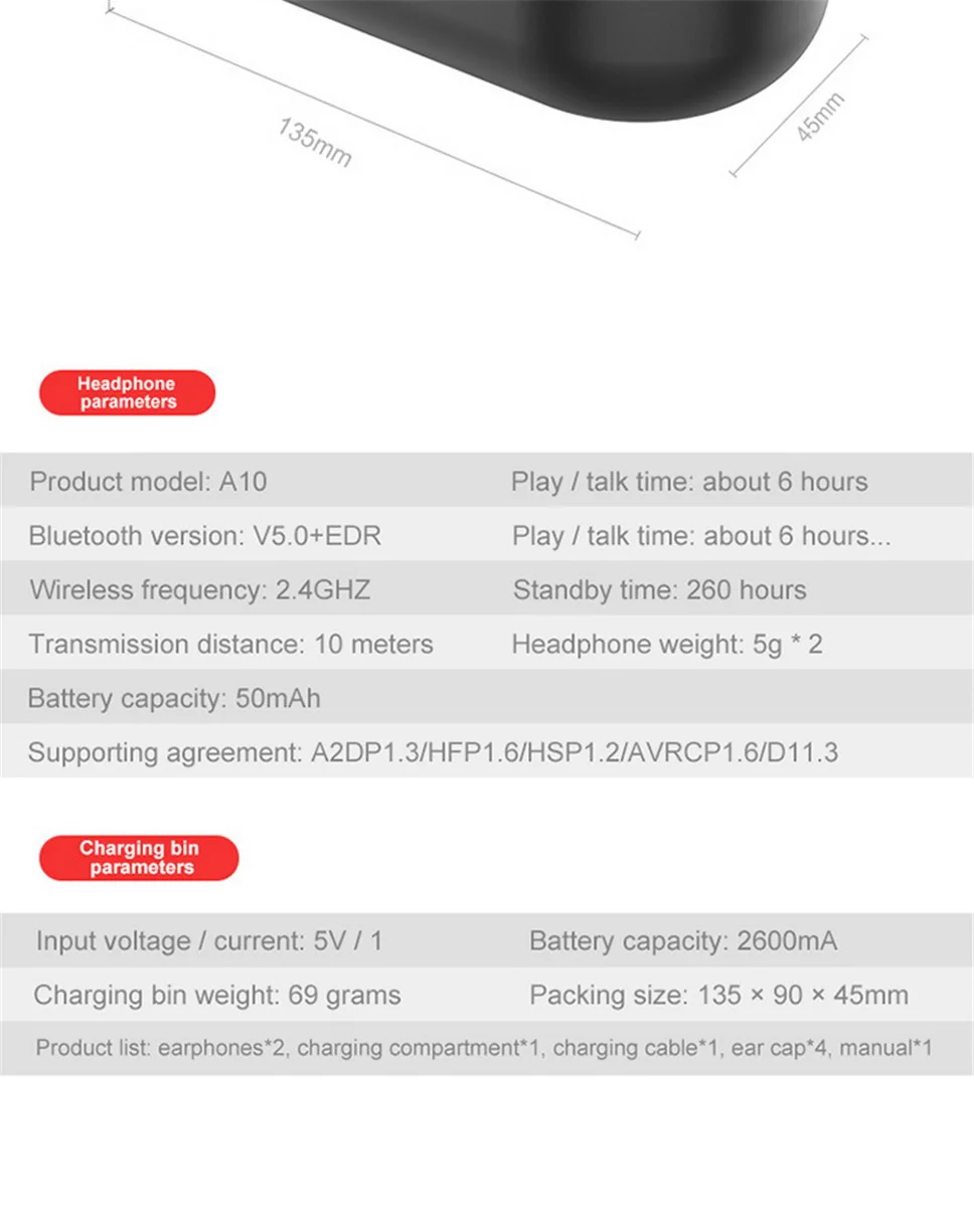 A10 TWS настоящие беспроводные наушники Bluetooth наушники V5.0 6D объемная Спортивная гарнитура 2600 мАч супер зарядный чехол