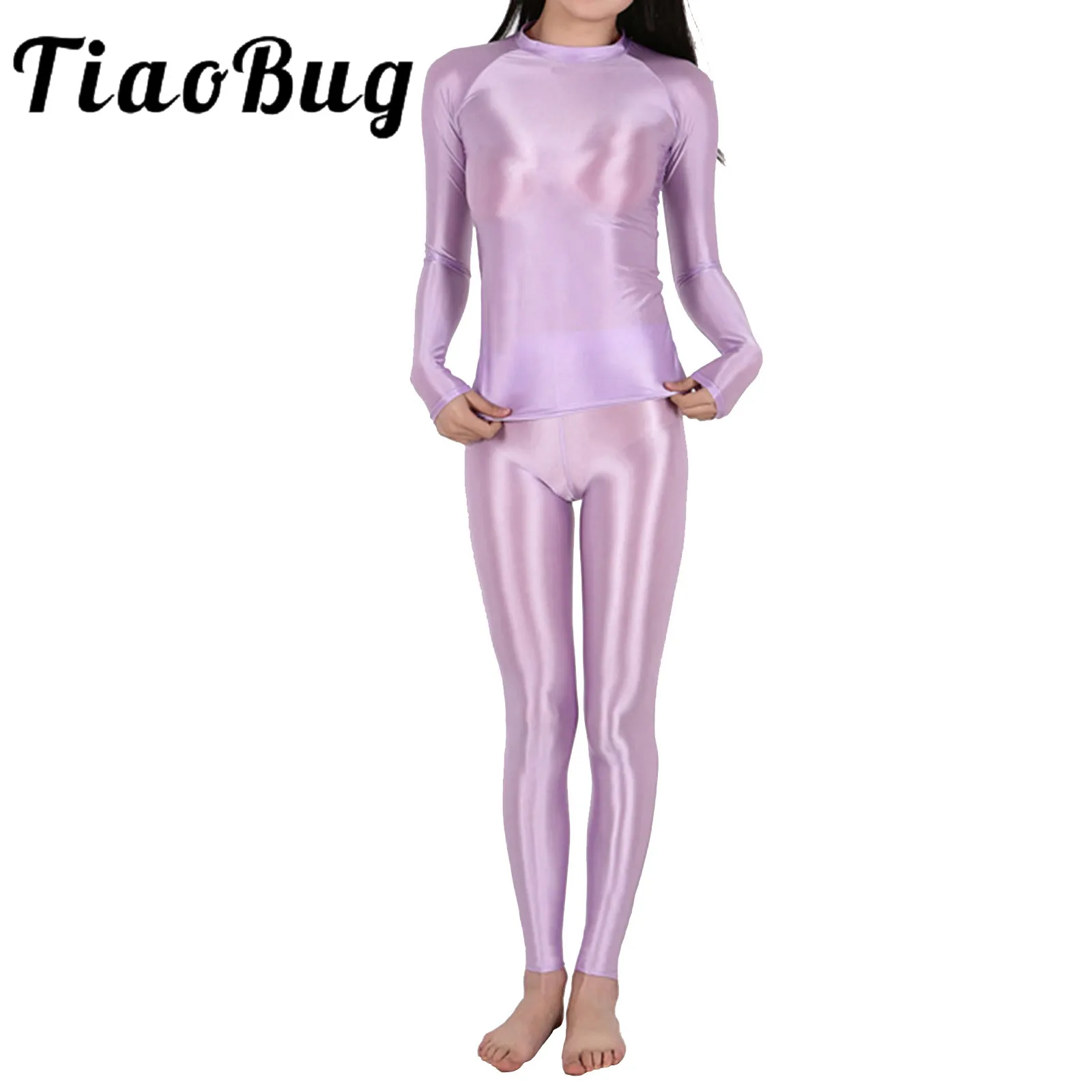 

Womens Yoga Set Glossy Stretchy Two-piece Pants Set Fitness Crew Neck Long Sleeve T-shirt with Leggings Athletic Sports Suits