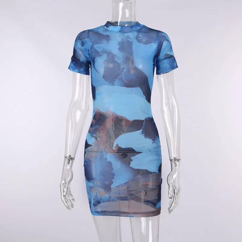 

Tie Dyed Sexy T Shirt Dress Women Summer Y2K Clothing 2021 Fashion Short Sleeve Bodycon Mini Dresses Midnight Party Wear