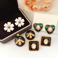 pearl enamel porcelain earrings flower gilt chinese retro palace style exquisite unique charm womens brand jewelry
