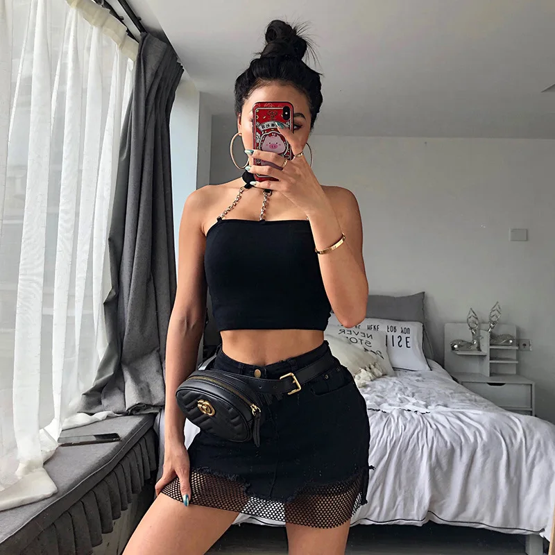 

TRODEAM 2021 Fashion Tank Top Neck Iron Chain Punk Women's Tube Top Sexy Club Partywear Stylish Outfits Female Summer
