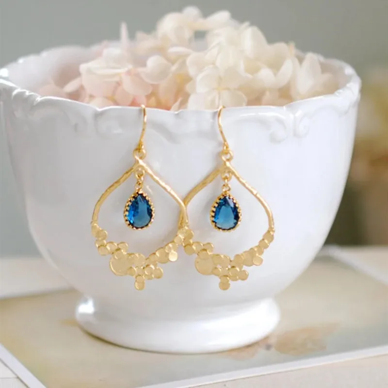 

Sapphire Blue Gold Bubble Dangle Earrings Montana Blue Glass Chandelier Bohemian Modern Moroccan Earrings September Birthstone