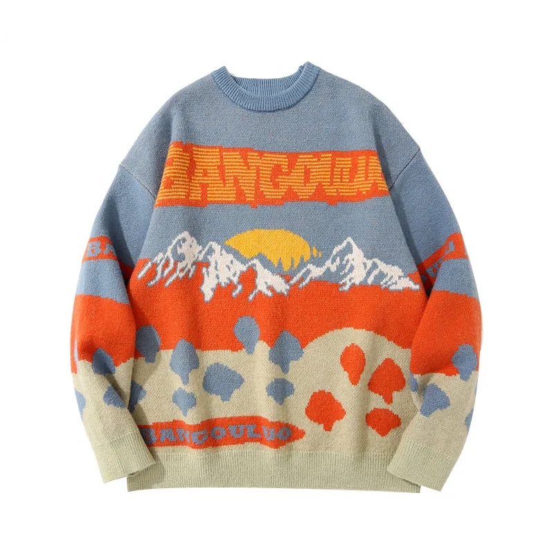 

Sweaters Hip Hop Knitted Mountain Landscape Pullover Sweater Harajuku Hip Hop Fashion Casual Streetwear Knitwear Tops