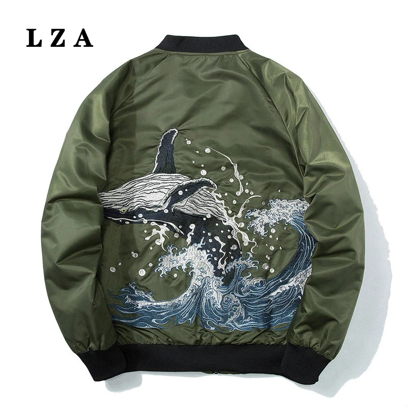 Куртка бомбер мужская с вышивкой морских КИТ модная Красивая свободная куртка