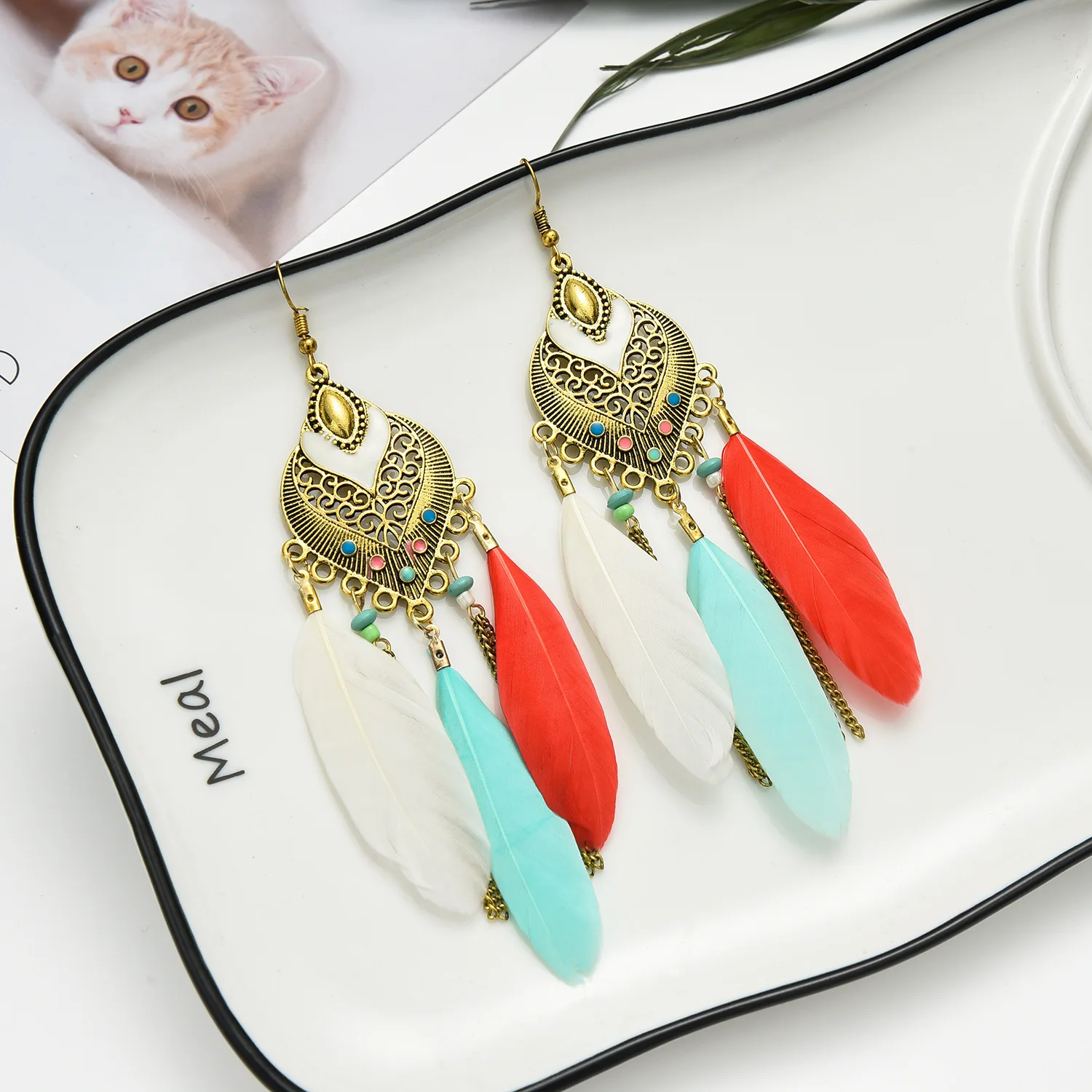 

Atmospheric Water Droplets Eardrop Exaggerated Feather Earrings Cross-Border Bohemia National Wind Earrings