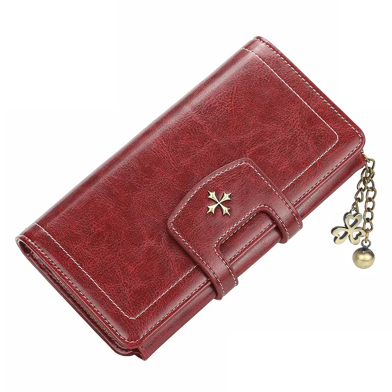 

New Korean ladies wallet oil wax leather buckle zipper handbag fashion large capacity long clutch