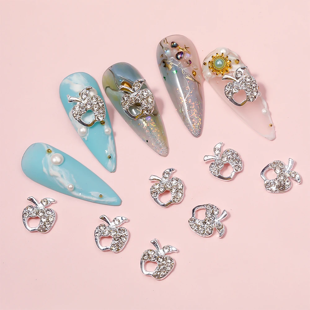 

10PC 3D Flashing Rhinestones Covered Hollow Apple Nail Art Zirconia Apple Art Deco Alloy Rhinestones for Professional Nail Salon
