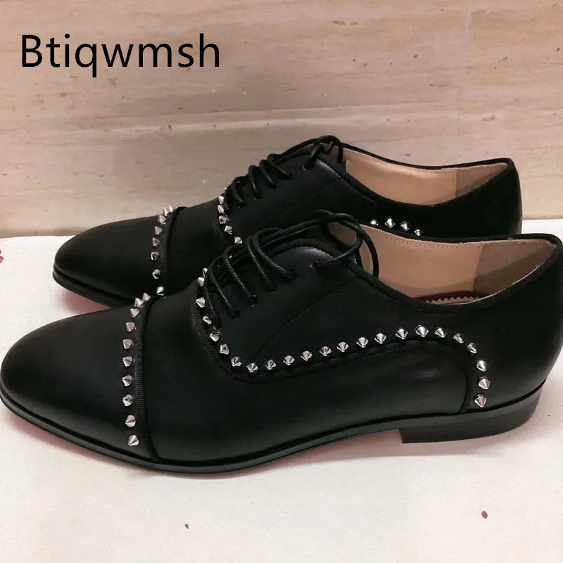 

British Studded Sneakers Man Pointed Toe Rivet Soft Real Leather Lace Up Flat Shoes Men Fashion Loafer Shoes