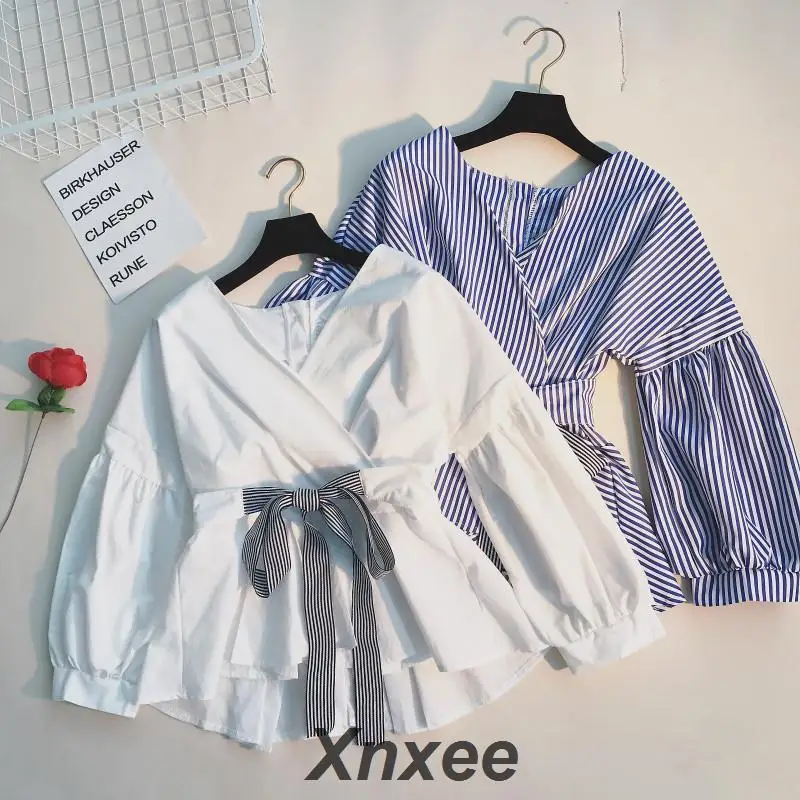 

Japanese Spring Fashion Slim Shirts Ruffles Lace Up Long Sleeve Blusas Adjustable Waist V-neck Elegant Blouse Xnxee