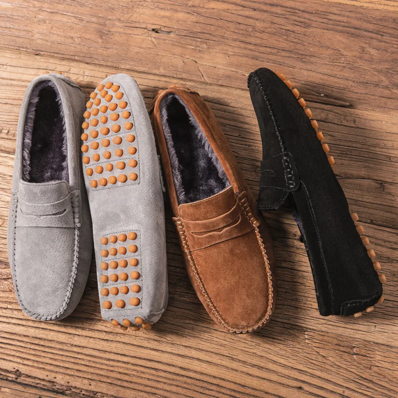 

Fur Loafers Men Gommino Driving Shoes Mans Moccasins Suede Mens Casual Shoes Slip On Big Men's Flats Plus Size 11 12 13 Brown