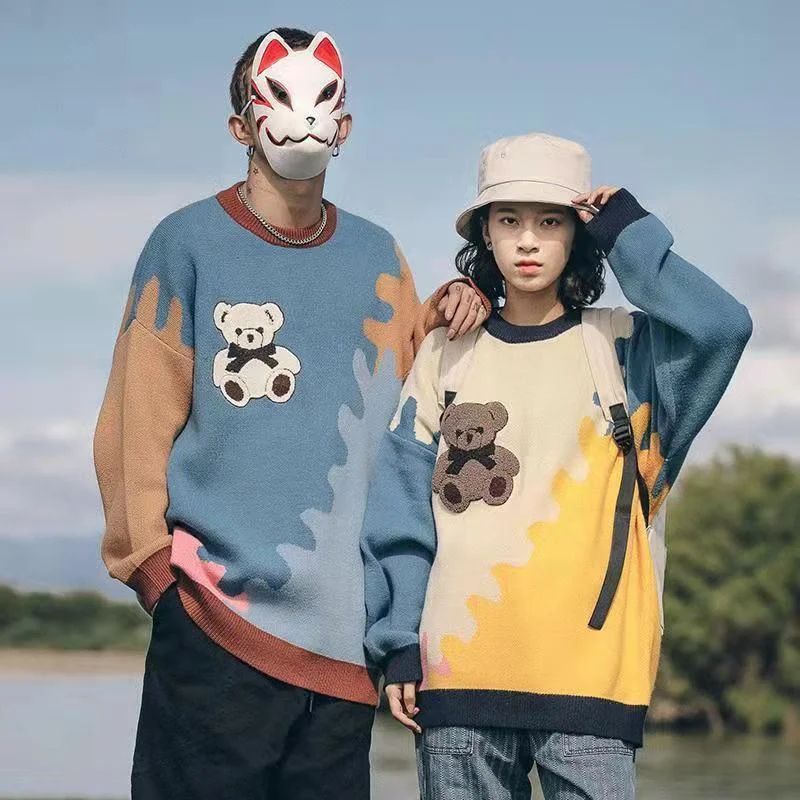 

Oversized Men's Sweater Color Cartoon Sweater Male Korean Fashion Japanese Fashion Hong Kong Loose Couples Knitted Ugly Sweater