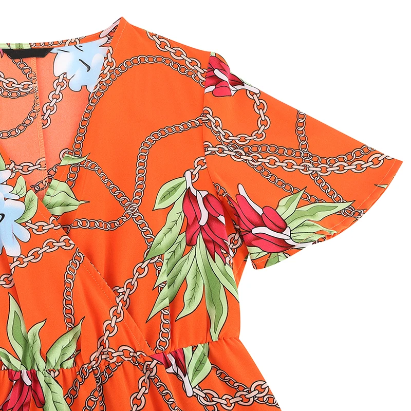 

Women's Floral Casual Beach Style Long Skirt Printed V-neck Short-Sleeved Elegant Dress Orange Dress 20201 New