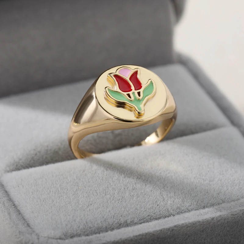 

Gold Color Metal Rings For Women Stainless Steel Korean Cute Enamel Tulip Finger Rings Fashion Punk Jewelry Accessory Party Gift