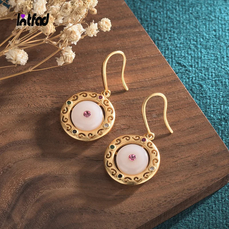 

Retro Luxury Drop Earrings Inlaid with Hotan Jade Earrings for Women Fine Ear Jewelry Party Gift Nephrite Stone Earrings