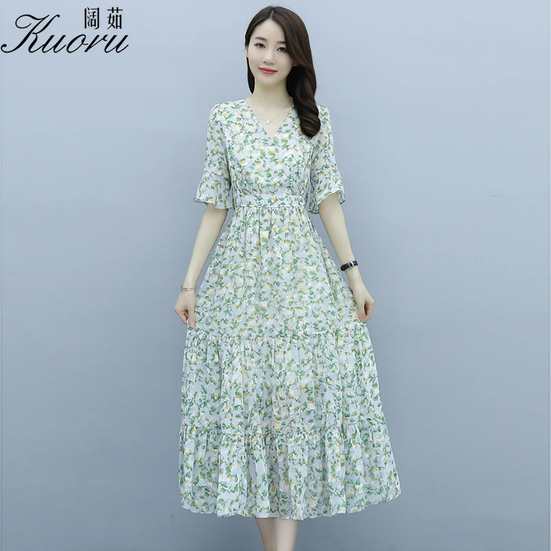

Dresses For Women 2021 Summer Chiffon Green Dress Floral Long Skirt Fashion Ruffle Short Sleeve V-Neck Robe Femme Sukienka