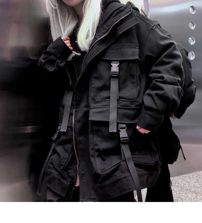 

NEW GRUNGE Korean Streetwear Harajuku Black Denim Jacket Oversized Pockets Women Jeans Jackets Loose BF Vintage Casual Coats