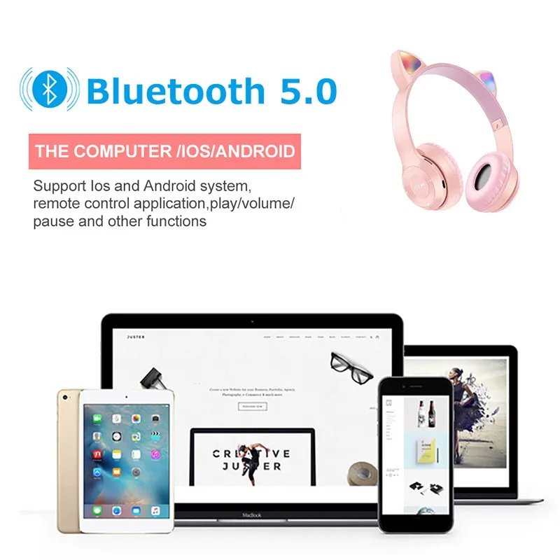 

P47 Wireless Bluetooth Headphones Cute Cat Ear Headset Stereo Foldable Audio Adjustable Earphone With Microphone Support SD Card