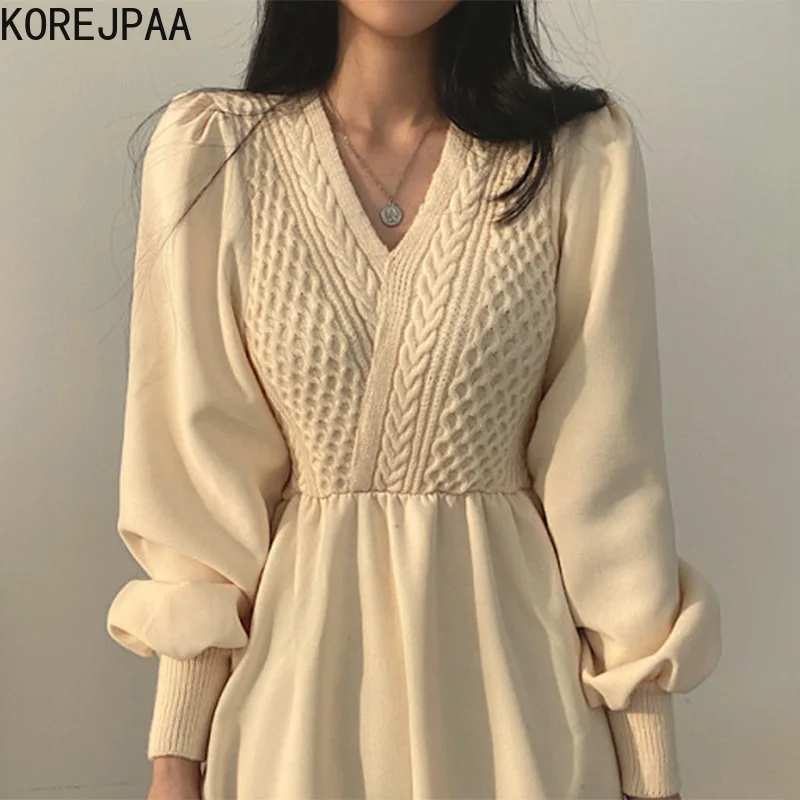

Korejpaa Elegant V-neck Dress Women Knit Stitching Lace-up Waist Puff Sleeve Dresses Female Autumn 2021 New Korean Fashion