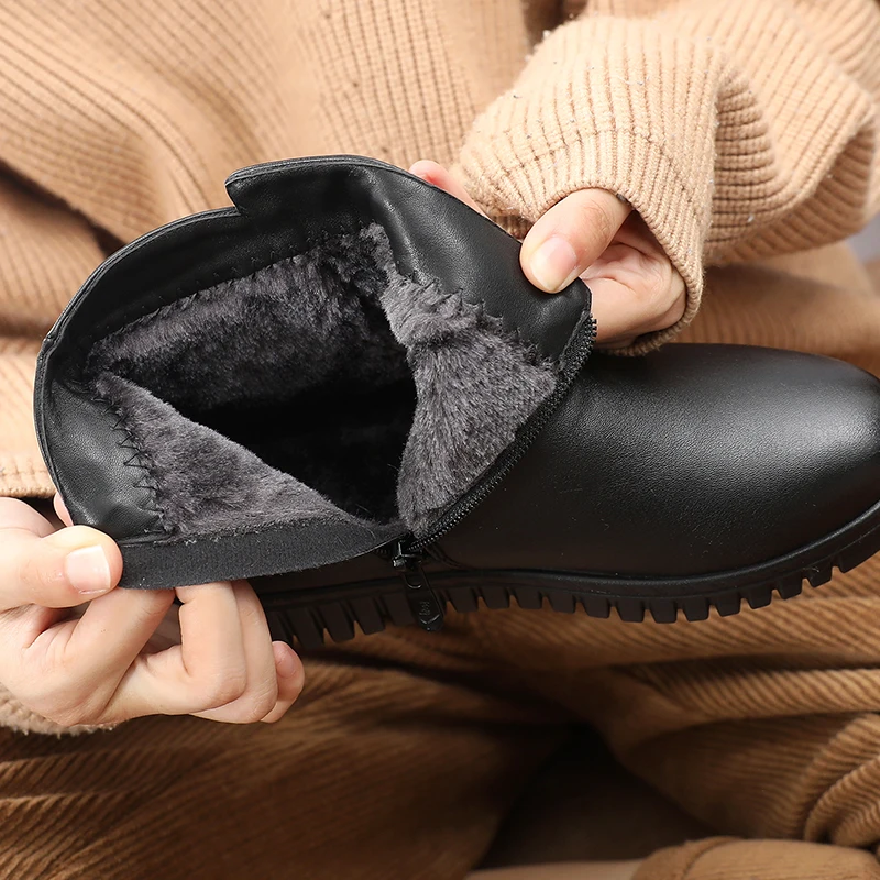 Ankle boots for women String Bead Winter Plush Warm Split leather Women Boots Female Zip Shoes Plus Size 41|Женские полусапожки| |