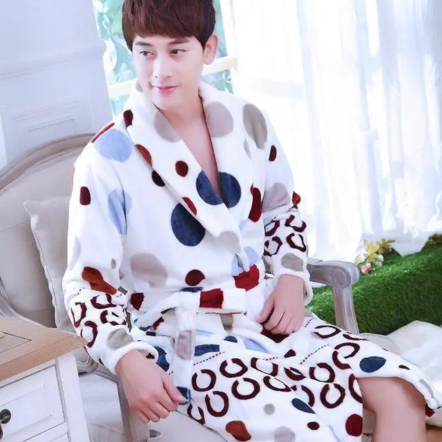 Men&women Coral Fleece Print Bow Robe Flannel Sleepwear Kimono Bathrobe Gown Winter Warm Thick Home Dressing Gown - Цвет: Men 1