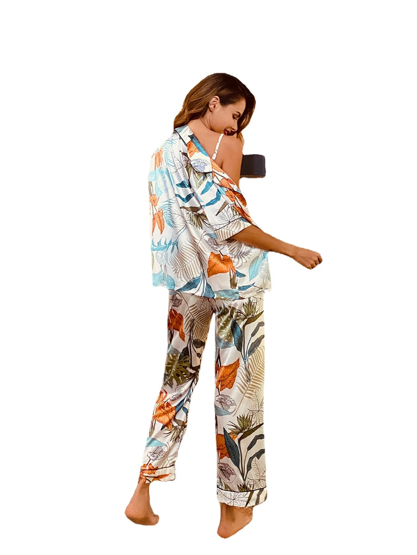 

New Women Pajamas Sets Satin Sleepwear Print Silk 3 Pieces Nightwear Spaghetti Strap Sleep Lounge Long Pants+Short Sleeve Shirt