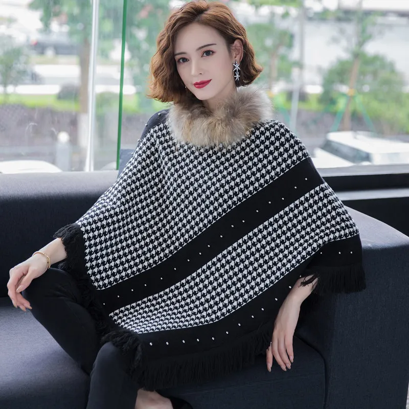 

2020 New Warm Triangle Pullover Winter Faux Cashmere Printed Out Street Wear Women Capes Poncho Tassel O Neck Fur Beads Sweater