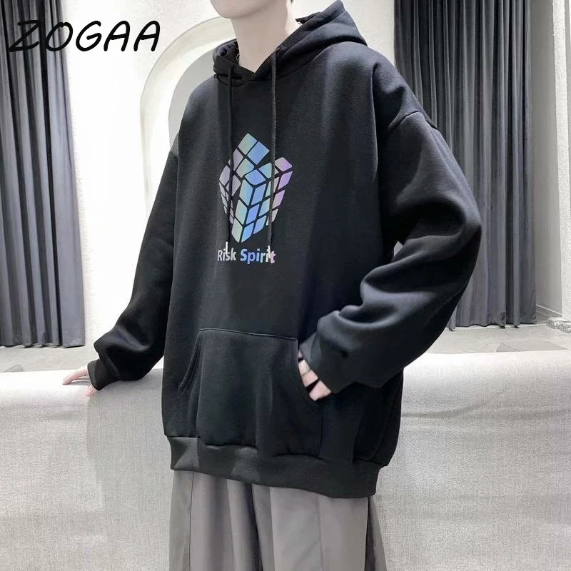 

ZOGAA Loose Hooded Sweatshirt Couple Sweatshirt Spring Men's Trend Colorful Reflective Cube Print Harajuku Street Thicken Jacket