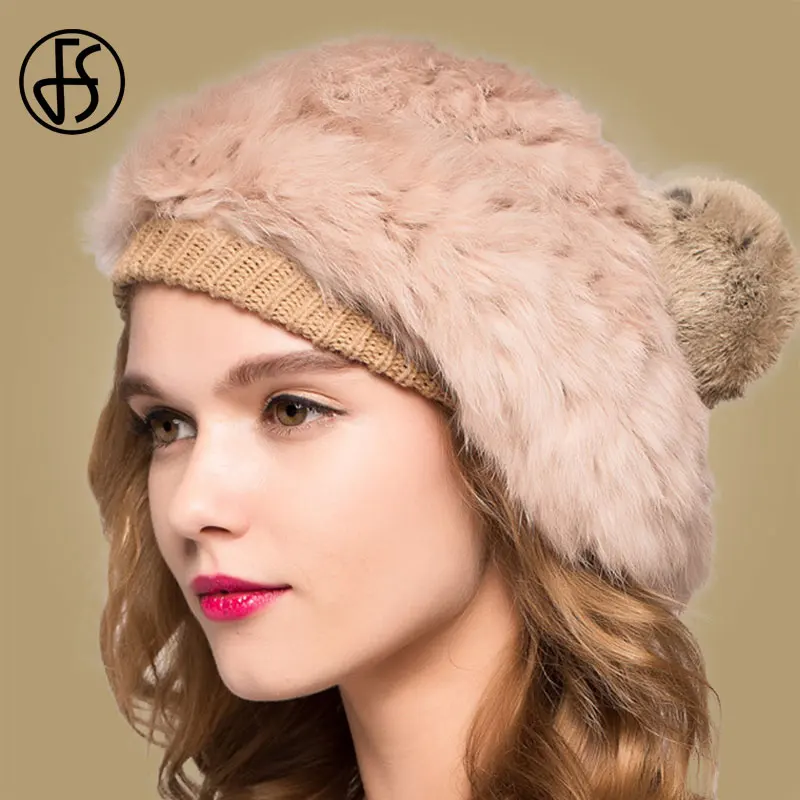 Женский шерстяной вязаный берет FS теплая шапка с помпоном из кроличьего меха