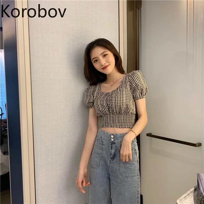 Корейская шикарная клетчатая полосатая Лоскутная Короткая Блузка Korobov Женская