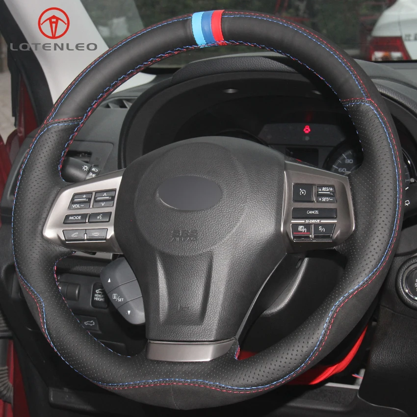 

LQTENLEO Black Leather Suede DIY Car Steering Wheel Cover For Subaru Forester 2013-2016 Legacy Outback 2012-2014 XV 2011-2015