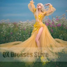 Robe de bal en Tulle jaune, avec imprimé Floral 3D, Sexy, fente haute asymétrique, manches d'illusion, sur mesure  (2)