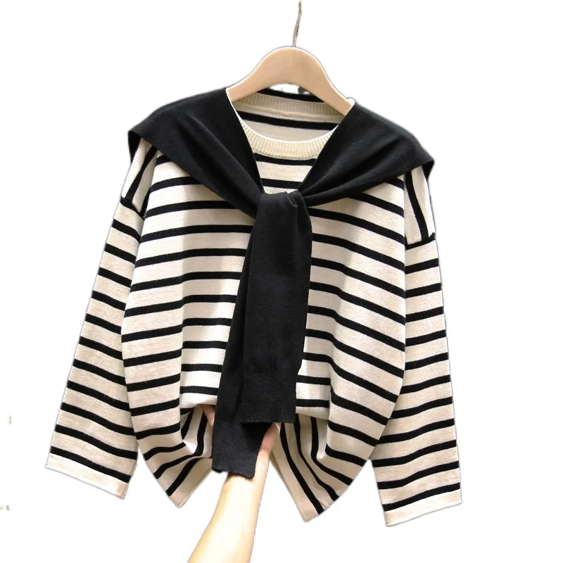 

New Morning Autumn Shawl Striped Sweater Loose Wearing A Bottom Shirt Ladies Sweater Set Top