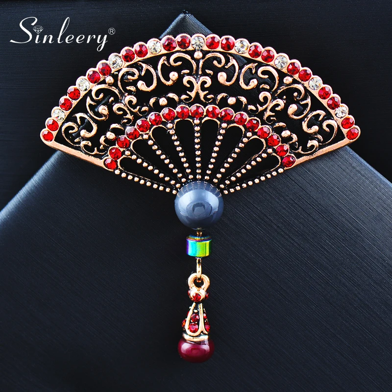 Женская брошь в форме веера SINLEERY Винтажная капли с жемчугом и фианитами класса