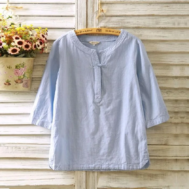 

Aransue S-XXL Women's Shirt Three Quarter Sleeve Summer Tops Linen National Trend Pullover Shirts For Spring Summer Clothing