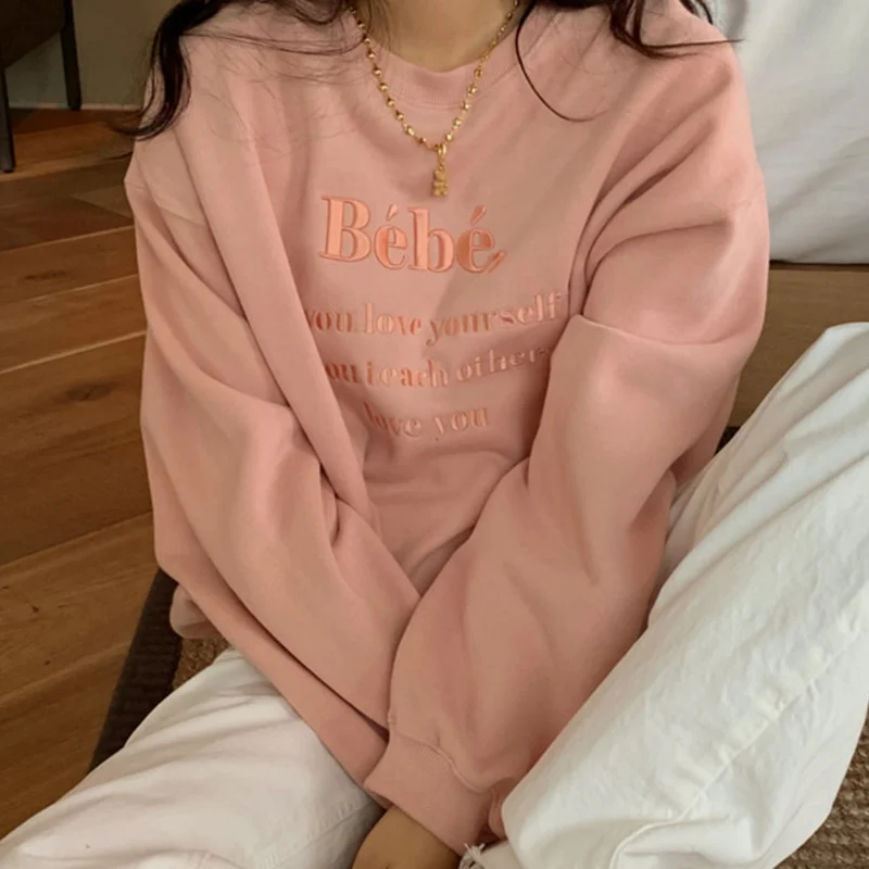 Oversized Pullovers Korean Chic Versatile Round Neck Pullover Industrial Letter Embroidery Design Loose Leisure Long Sleeve | Женская
