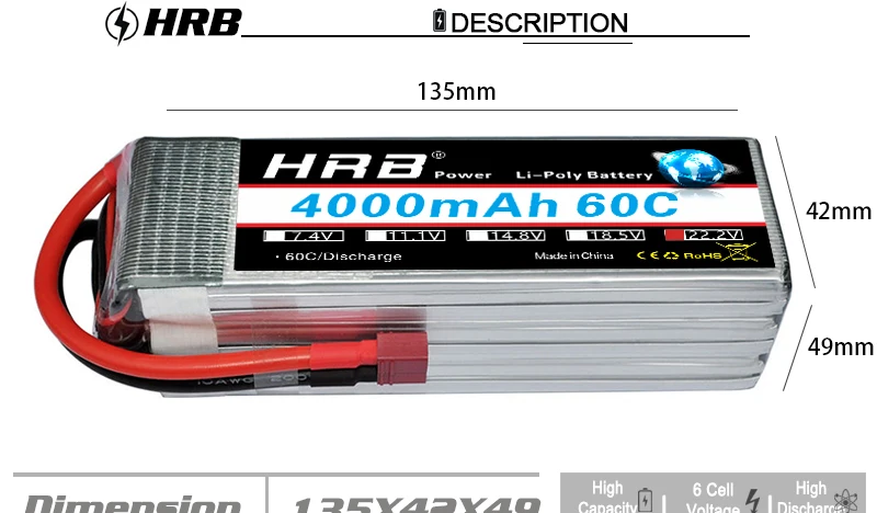 HRB 6S 22,2 V 4000mah Lipo батарея XT60 EC5 XT90 TRX T Deans женский 60C RC Квадрокоптер FPV Самолет багги автомобиль Грузовик Лодка запчасти DIY