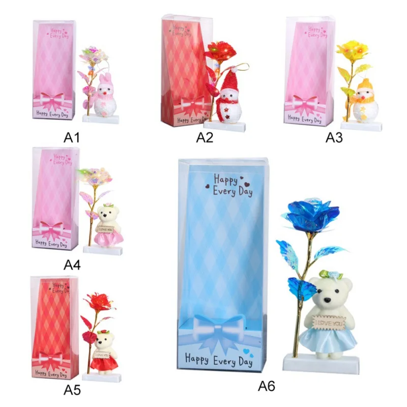 24K Gold Фольга роза цветок с длинным стеблем украшением в виде медведя