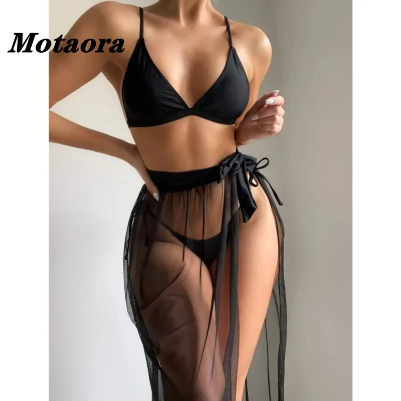 

Micro Halter Bathing Suit Brazilian Bandage Thong Swimwear Sexy Solid Black Color Swimsuit Women Three Pieces Mesh Skirt Bikini